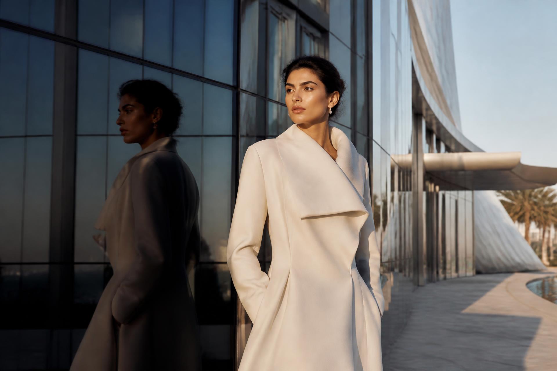 Editorial portrait against a contemporary Dubai glass and steel facade